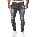 Jeans masculinos pretos rasgados skinny com bolsos, denim, de cintura baixa 4