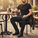 Jeans moto con protezioni gialle per le ginocchia e protezioni in schiuma per i fianchi Pannelli in rete e inserti elastici Poliestere e cotone 9