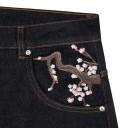 Jeans para hombre negros con estampado de árbol florecido en el bolsillo trasero, con bolsillos, tiro bajo, sueltos, denim 5