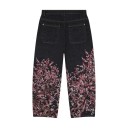 Jeans para hombre negros con estampado de árbol florecido en las perneras, de tiro bajo, sueltos, con bolsillos, de mezclilla 1