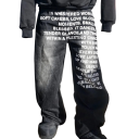 Jeans pour hommes unis avec inscriptions, avec poches, taille basse, coupe ample, confortable pour un usage quotidien 2