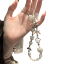 Joli collier de perles pour téléphone Pendentif blanc avec nœud, cœur, fleur et papillon Poignée décorative pour mobile Porte-clés 2