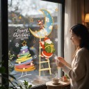 Joulun ikkunatarra Uudelleenkäytettävä Joulupukki tikkailla kultaiselle kuulle poron kanssa Sateenkaari joulukuusi 4