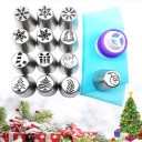 Joulupursotintä ruostumattomasta teräksestä, 15 osan setti pussin ja suuttimen kanssa. Lumihiutaleiden ja puiden kuviot pipareiden ja cupcakejen 1