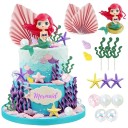 Juego de 19 decoraciones para tartas de sirena con pelo rojo, estrellas de mar, corales, perlas y conchas de plástico para decoración de cumpleaños. 1