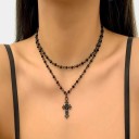 Juego de 2 collares choker para mujer con cruz de cuentas negras, longitud de la cadena 35 cm + 7 cm de cadena ajustable, cruz de 3 cm 2