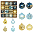 Juego de 44 piezas de adornos navideños de 3 - 6 cm en combinación azul y dorada, esferas y estrellas, diferentes tamaños para una decoración elegante 1