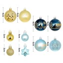 Juego de 44 piezas de adornos navideños de 3 - 6 cm en combinación azul y dorada, esferas y estrellas, diferentes tamaños para una decoración elegante 2