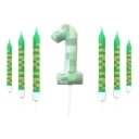 Juego de 7 velas de cumpleaños verdes con temática de píxeles para decorar tartas, velas con números de videojuegos del 0 al 9, 9,5 x 0,8 cm. 2