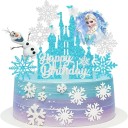 Juego de 8 decoraciones para tartas con personajes de castillo y copos de nieve, con purpurina azul y blanca, para fiesta de cumpleaños. 1