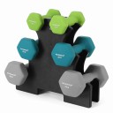 Juego de pesas de 12 kg con soporte 6 mancuernas de 1 kg, 2 kg y 3 kg hexagonales en color verde turquesa y gris para entrenamiento en casa y fitness 1