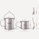 Juego de tazas de titanio de 750 ml y 350 ml con tapa, tazas ultraligeras con asa plegable, bolsa tenedor-cuchara plegable para camping y senderismo 2