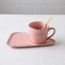 Juego de té de cerámica taza 260 ml con plato y cuchara Asa dorada y inscripción decorativa Plato alargado 20 x 14 cm con espacio 4