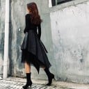 Jupe asymétrique noire pour femme en cuir PU et tulle Jupe midi superposée avec pointes et longue ceinture S'ajuste à la taille Pièce originale 4