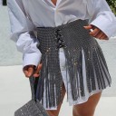 Jupe décorative scintillante pour femmes avec de longues franges Laçage à l'avant Liens à nouer À porter par-dessus des shorts ou un maillot 8