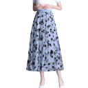 Jupe longue en A avec motif floral Jupe légère en gaze avec taille haute Jupe maxi fluide d'été pour femmes Coupe élégante et ample 2