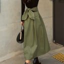 Jupe longue femme taille haute avec nœud à l'arrière Coupe évasée avec plis Vert olive Coton et spandex Pour un usage quotidien 3