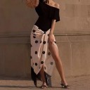Jupe maxi crème pour femme avec des pois noirs et des franges Coupe drapée asymétrique avec fronces à la taille Fente haute Polyester avec spandex 4