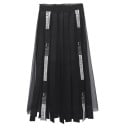 Jupe maxi noire pour femme en bandes avec une couche en filet transparent Taille élastique large Bandes avec des rayures blanches Polyester et coton 1