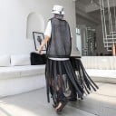 Jupe maxi noire pour femme en bandes avec une couche en filet transparent Taille élastique large Bandes avec des rayures blanches Polyester et coton 4
