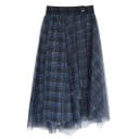 Jupe midi à carreaux pour femmes avec une couche de tulle transparent Ourlet asymétrique à pointes Taille large avec bouton Coton Couleur bleu 1