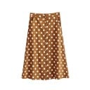 Jupe midi femme à pois blancs Coupe évasée Rangée de boutons à l'avant Poches latérales en biais Couleur marron Polyester Longueur sous le genou 1