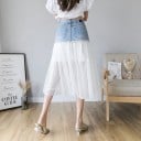 Jupe midi femme avec partie en denim bleu clair et tulle blanc Taille haute avec boutons et poches Doublure intérieure Denim et polyester 5