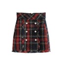 Jupe mini écossaise pour femme avec boutons décoratifs en deux rangées Taille haute Bords effilochés Motif écossais rouge et bleu marine Zip 1