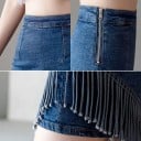 Jupe mini en jean pour femme avec shorts intégrés Devant asymétrique avec de longues franges Coupe ajustée Fermeture éclair en métal 6