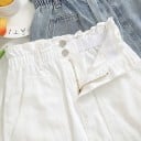 Jupe mini en jean pour femmes avec taille haute froncée Élastique à la taille Fermeture éclair et deux boutons Grandes poches Denim en coton 5