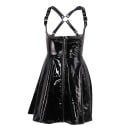Jupe noire brillante pour femmes en simili cuir avec des bretelles réglables croisées dans le dos et un anneau en métal Taille haute Fermeture 1