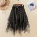Jupe noire pour femme avec siège en denim et tulle superposé Pointes asymétriques Ceinture avec boucle Boutons et ourlet effiloché Denim 1