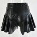 Jupe-short femme en simili cuir avec taille haute Noire Ourlet large à volants Coutures verticales à la taille Fermeture éclair au dos 5