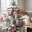 Karácsonyi díszek Havas tobozok 5 db Arany záróval és akasztóval 9 x 3,7 cm Fényes felület hóhatással Piros szín Karácsonyfára 5