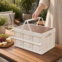 Käytännöllinen muovinen retkeilylaatikko kannella ja kahvoilla 15 l 33 x 24 x 17 cm PP ja puulevy Valkoinen Auton säilytysboksi piknikille ja retkille 4