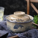Kerámiai tál fedéllel japán stílusban 750 ml kerámia bézs színben kék halmintával tálaláshoz és étkezéshez 2