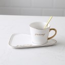 Keramická čajová sada šálok 260 ml s tanierikom a lyžičkou Zlaté ucho a ozdobný nápis Podlhovastý tanierik 20 x 14 cm s miestom na dezert 1