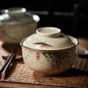 Keramická miska s vekom v japonskom štýle 750 ml keramika béžová s motívom vetvičiek na servírovanie polievok a ryže 2