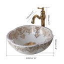 Keramické umyvadlo se zlatým kohoutkem kulaté 400 x 145 mm bílé se zlatým zdobením v retro stylu na desku do koupelny i na toaletu 3