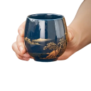 Keramický hrneček 180 ml, šálek na čaj a kávu 7,2 × 5,6 cm z keramiky tmavě modrý se zlatým dekorem krajiny pro domácí použití 3
