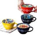 Keramický hrnek s vnitřním malováním a kytkovaným motivem 600–700 ml keramika 15 × 12,5 × 7,4 cm na kávu čaj i velké nápoje 5