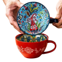 Keramický hrnek s vnitřním malováním a kytkovaným motivem 600–700 ml keramika 15 × 12,5 × 7,4 cm na kávu čaj i velké nápoje 9