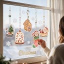 Kerststickers voor ramen Hangende versieringen Sneeuwgewicht Peperkoekhuisje en Kerstman Gouden tekst Merry Christmas en sneeuwvlokken Voor Kerstmis 4