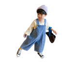Kinder Jeans Overall aus Baumwolle und Spandex Lockere Passform Herbstlicher lässiger Overall für Jungen und Mädchen Blauer einfarbiger Overall mit Knöpfen 2
