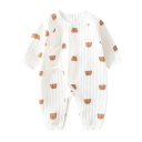 Kinderen katoenen overall met lange mouwen en berenmotief V-hals Unisex pyjama met drukknoopjes en strikjes Effen comfortabele kleding 1
