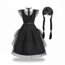 Kinderkostüm schwarze Kleider mit Kragen und gestuften Rock Perücke mit Pony und Zöpfen Gürtel Polyester Schwarz Für Halloween und Karneval 1