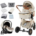 Kinderwagen 3-in-1 met hoge terreinafstemming en opvouwen met één hand, katoen, combinatie van wieg en autostoel voor reizen 6