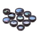 Kit d'objectifs pour mobile 10 en 1 Fish Eye 198° Grand angle 0,63x Macro 15x Téléobjectif 2x et 6 filtres Avec clip Noir pour iOS et Android 1