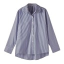 Klassisches blau-weiß gestreiftes Damenhemd mit langen Ärmeln und Kragen Lange, lockere Bluse mit Knöpfen Eleganter und bequemer Schnitt 2