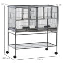 Klec pro malé ptáky na kolečkách s dělicí mřížkou 95 x 45,5 x 102 cm kov a dřevo 4 posuvné dveře a stojan šedá pro chov ptáků 2